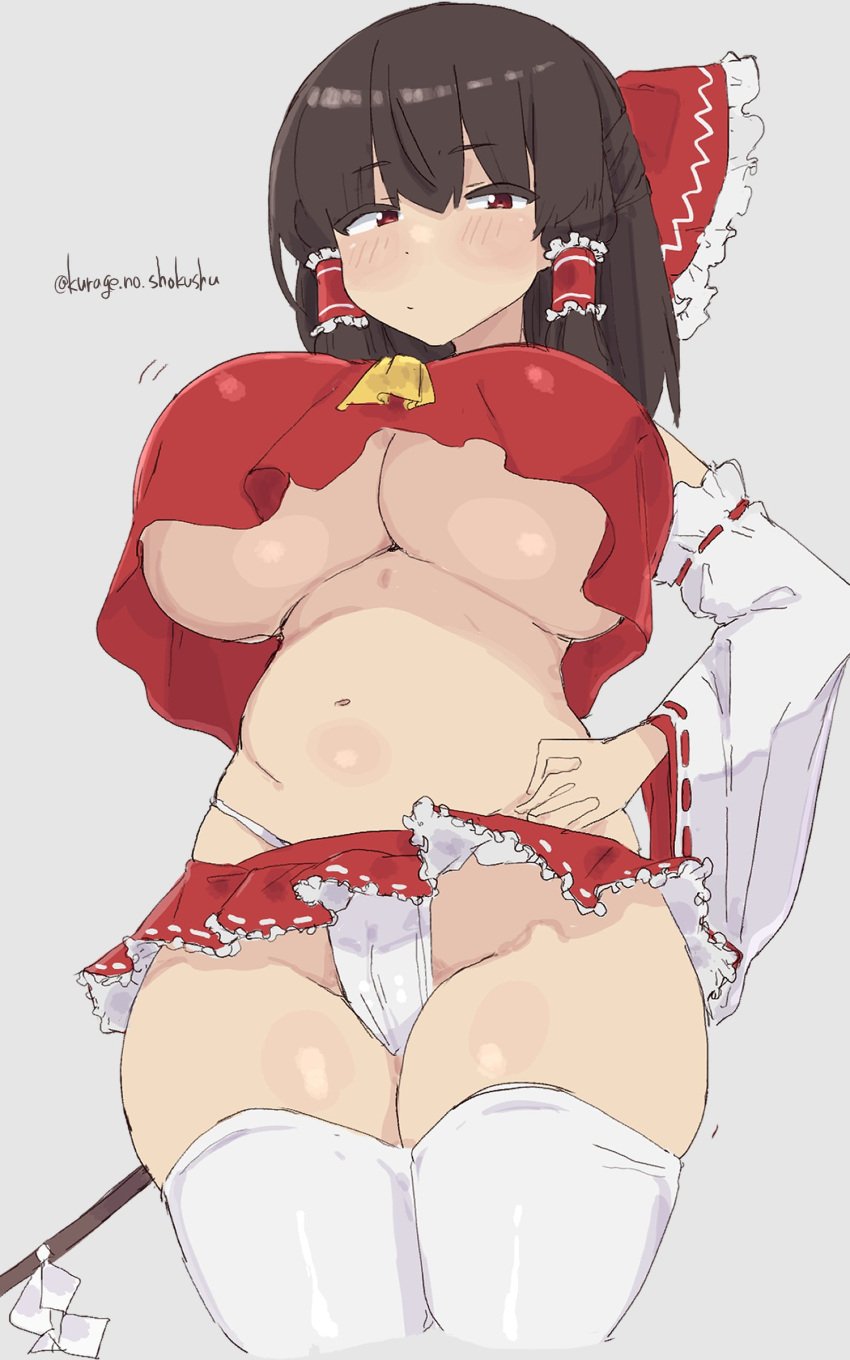 absurdres ascot blush bow breasts brown_hair cowboy_shot detached_sleeves female frilled_bow frilled_hair_tubes frilled_skirt frills from_below gohei hair_tubes hairbow hakurei_reimu hand_on_own_hip highleg highleg_panties highres huge_breasts medium_hair midriff narrowed_eyes navel panties red_bow red_eyes ribbon-trimmed_sleeves ribbon_trim simple_background skirt solo thighhighs touhou umitsuki_(kurage_no_shokushu) underboob underwear white_panties white_thighhighs yellow_ascot