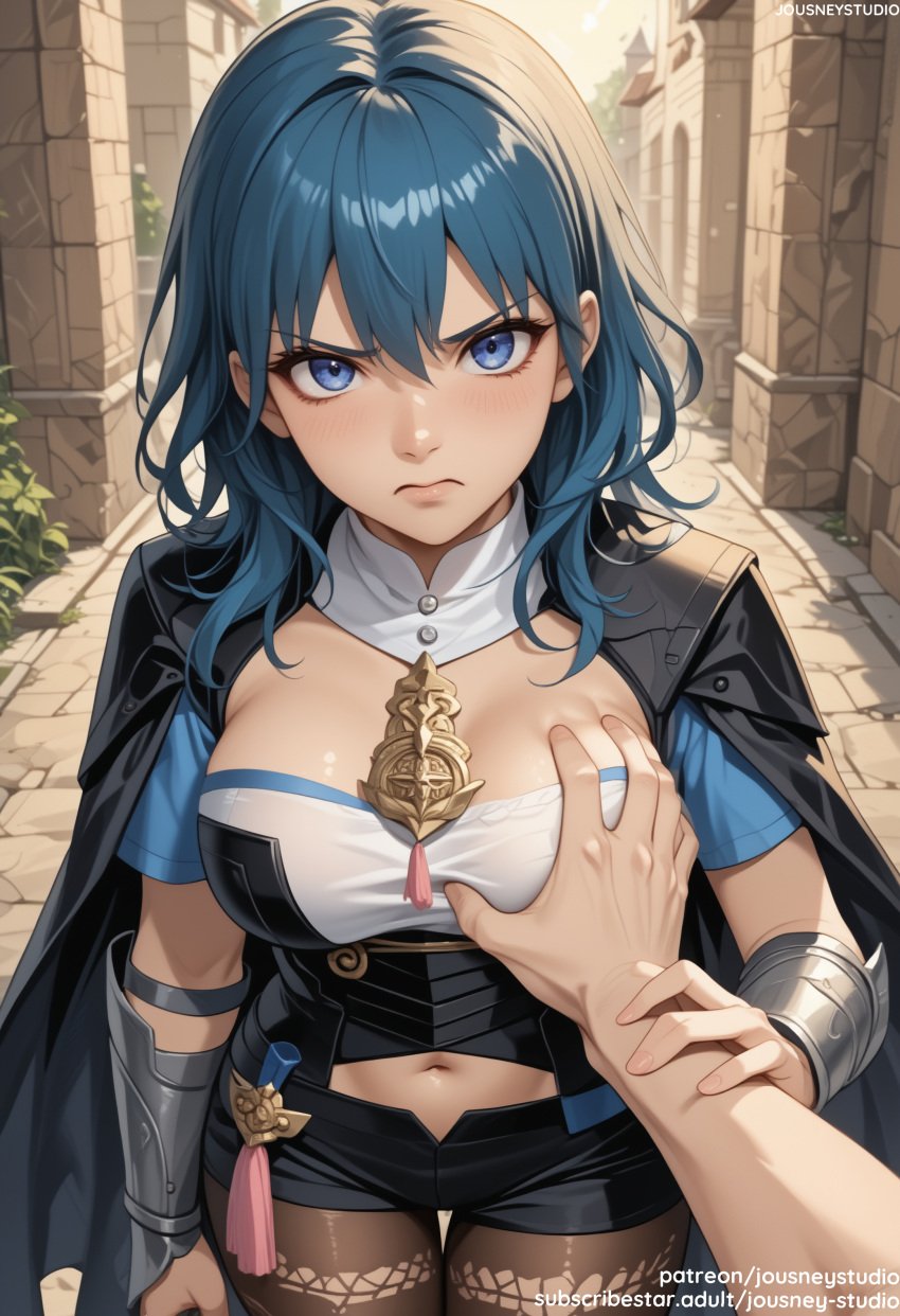 1boy ai_generated arm_guards armlet armor bangs belt black_armor black_cape black_shorts blue_eyes blue_hair blush bodice breast_grab breasts brown_pantyhose bustier byleth byleth_(female) byleth_(female)_(fire_emblem) byleth_(fire_emblem) byleth_(jehanna)_(fire_emblem_(female) cape cleavage cloak closed_mouth clothing clothing_cutout cowboy_shot day detached_collar dimitri_alexandre_blaiddyd emblem female female fire_emblem fire_emblem:_fuukasetsugetsu fire_emblem:_the_sacred_stones fire_emblem:_three_houses fire_emblem_heroes floral_print grabbing groping guided_breast_grab guiding_hand hair_between_eyes jousneystudio lace_trim large_breasts legwear legwear_under_shorts long_hair looking_at_viewer male medium_hair midriff navel navel_cutout nintendo open_clothes outdoors pantyhose pantyhose_under_shorts pov shirt short_hair short_shorts short_sleeves shorts shoulder_armor solo_focus standing straight tassel thigh_gap thighs torn_clothes v-shaped_eyebrows vambraces weapon