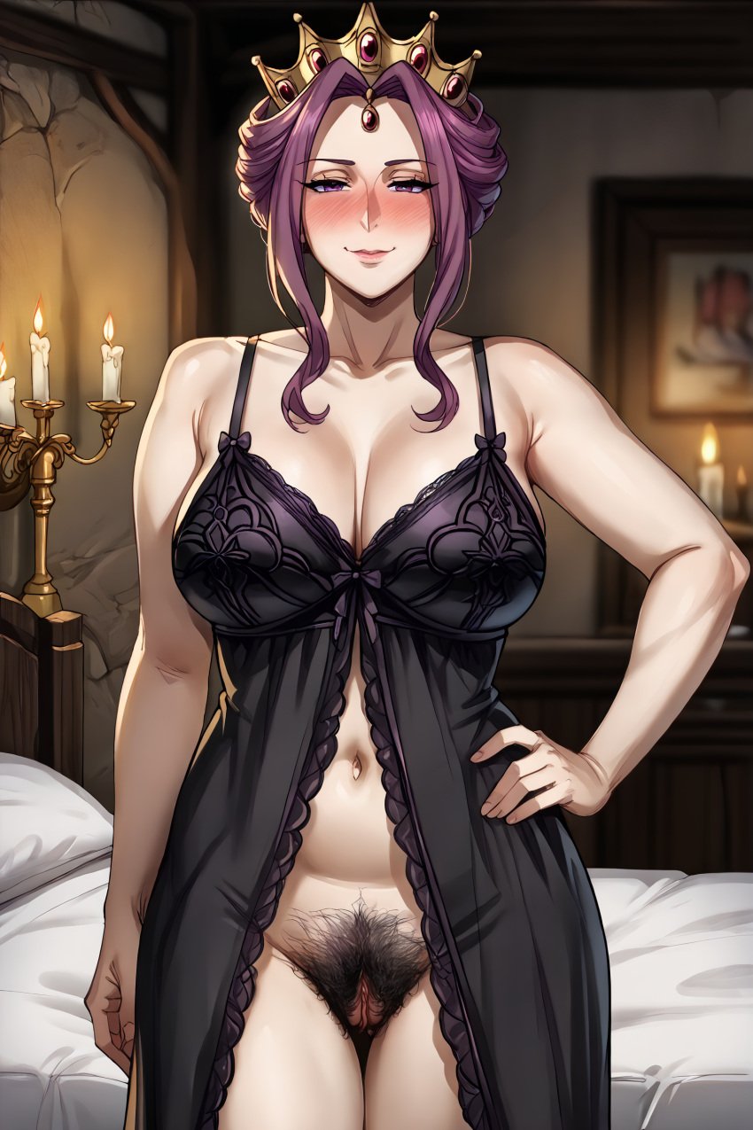 1girls ai_generated bedroom blush breasts crown excessive_pubic_hair hairy_pussy indoors large_breasts looking_at_viewer mature_female milf mirelia_q_melromarc nightgown nude nude_female phantom-art pubic_hair purple_eyes purple_hair pussy queen room solo standing tate_no_yuusha_no_nariagari the_rising_of_the_shield_hero