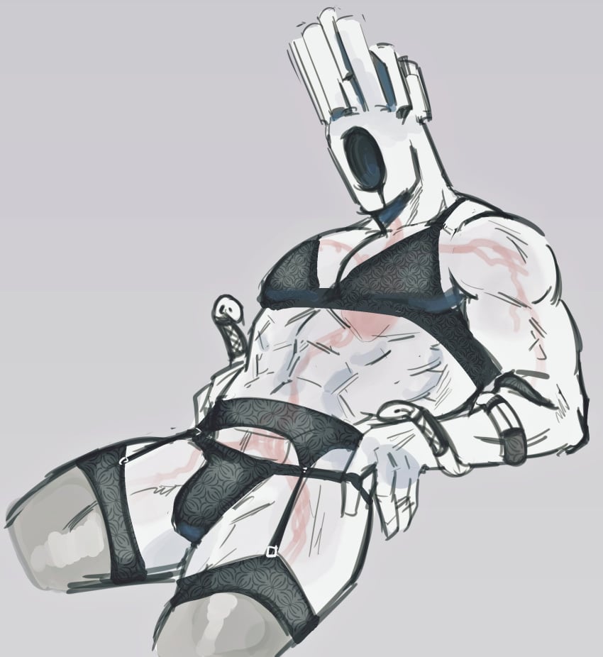 1boy black_bra black_garter_straps bra clothing finger_under_garter garter_straps gay hole_in_head male male_only minos_prime_(ultrakill) no_visible_genitalia snake snake_around_arms snakes tagme thighhighs thighs translucent_body ultrakill vhkansfweer visible_veins white_body