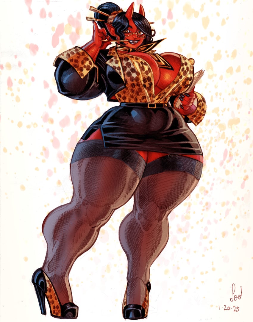 1girls black_hair black_nails cleavage commission high_heels huge_breasts jacket jed_dougherty leopard_print miniskirt muscular_female muscular_legs original pencil_skirt pointy_ears red_skin red_skinned_female skin-covered_horns smile solo thick_thighs thighhighs