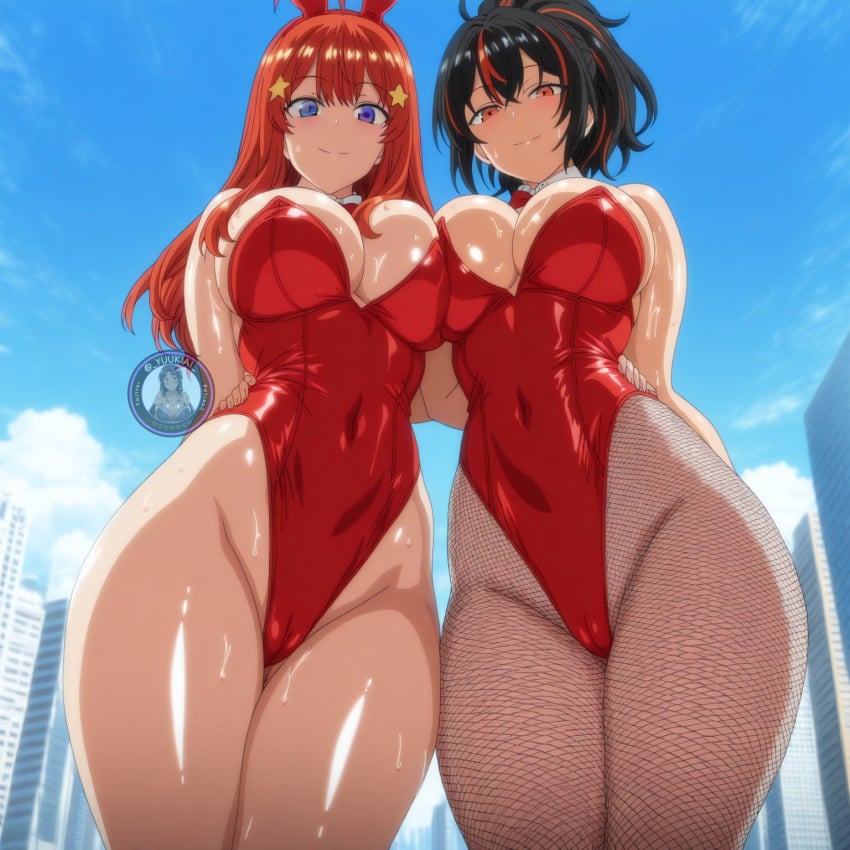 2girls ai_generated breasts bunny_ears bunnysuit crossover female female_focus female_only go-toubun_no_hanayome large_breasts light-skinned_female light_skin looking_at_viewer nakano_itsuki thick_thighs thighs twitter wide_hips yuukiai zenless_zone_zero zhu_yuan