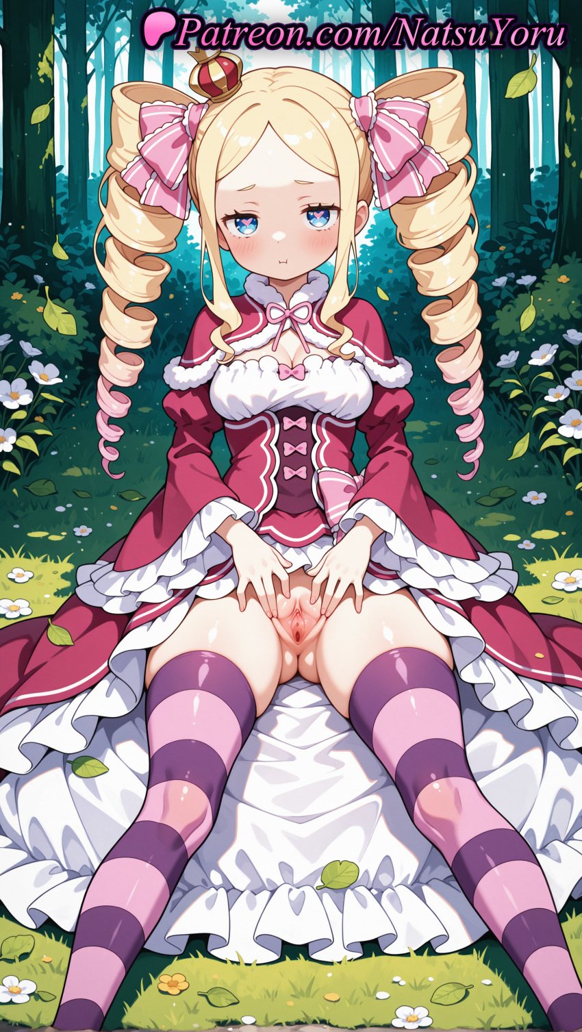 1girls 2025 ai ai_assisted ai_generated anime anime_style ass_visible_through_thighs beatrice_(re:zero) blonde_hair blue_eyes blush bow breasts bust busty capelet cleavage closed_mouth crown dress drill_hair feet_out_of_frame female_focus female_only flower forest frilled_dress frilled_sleeves frills fur-trimmed_capelet fur_trim gradient_hair grass hair_ribbon heart hentai hi_res high_quality high_resolution highres labia leaf loli long_hair long_sleeves looking_at_viewer medium_breasts mini_crown multicolored_hair natsuyoru nature no_panties nopan outdoors parted_bangs patreon pink_bow pink_hair pink_ribbon presenting purple_thighhighs pussy re:zero_kara_hajimeru_isekai_seikatsu red_capelet red_dress ribbon shawl sidelocks sitting small_breasts smile solo solo_female spread_legs spread_pussy stable_diffusion striped striped_clothes striped_thighhighs symbol-shaped_pupils thighhighs tree twin_drills twintails uncensored vagina voluptuous voluptuous_female white_flower wide_sleeves