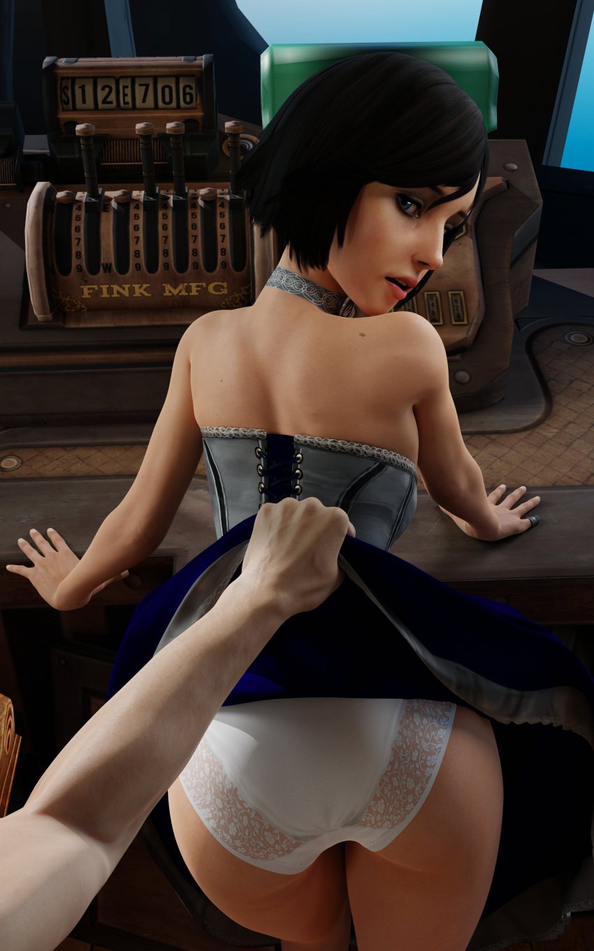 3d ass bioshock bioshock_infinite blue_eyes brown_hair bubble_butt busty coffeeforsnails elizabeth_comstock female female_focus female_only hourglass_figure looking_at_viewer looking_back male_pov pov rear_view short_hair sideboob tagme wide_hips