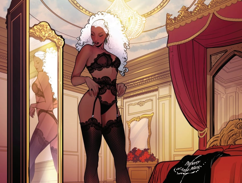 1girls american black_lingerie curly_hair dark-skinned_female dark_skin hands_on_hips lingerie looking_to_the_side marvel mirror ororo_munroe solo solo_female storm_(x-men) thick_lips thighs white_hair x-men