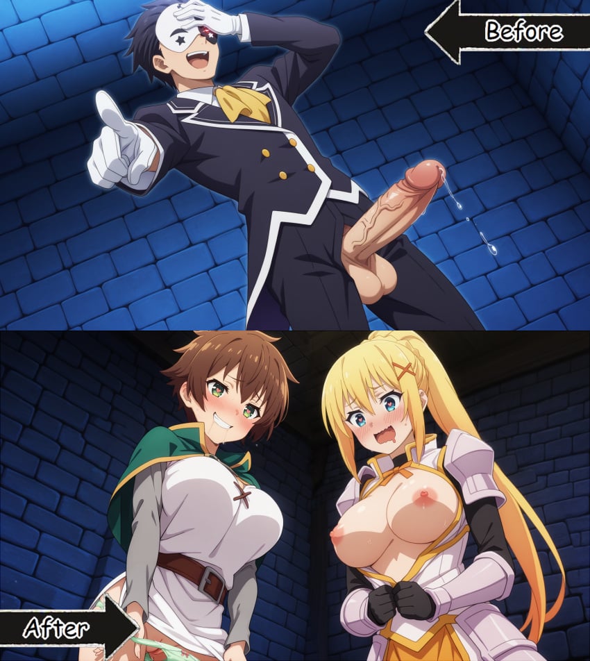 1boy 2girls ai_generated ascot before_and_after before_sex blonde_hair blue_hair blush brown_hair darkness_(konosuba) drooling dungeon excited_for_sex exposed_breasts female_knight genderswap_(mtf) green_eyes heart-shaped_pupils huge_cock isekai knight_armor kono_subarashii_sekai_ni_shukufuku_wo! large_breasts laughing long_hair masked_male panty_pull partially_clothed pointing_at_viewer ponytail precum precum_drip pulling_down_panties pussy rule_63 satou_kazuma short_hair stone_wall sweat tailcoat undressing vanir_(konosuba) white_gloves