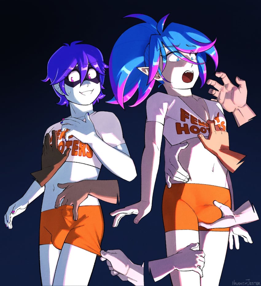 2025 2boys blue_eyes blue_hair fangs femboy_hooters groping groping_breasts groping_crotch jessie_(lapinbeau) lapinbeau painted_nails pink_highlights pointy_ears purple_hair questionable_consent signature tera_tyrant_shadic_(character) violet_eyes