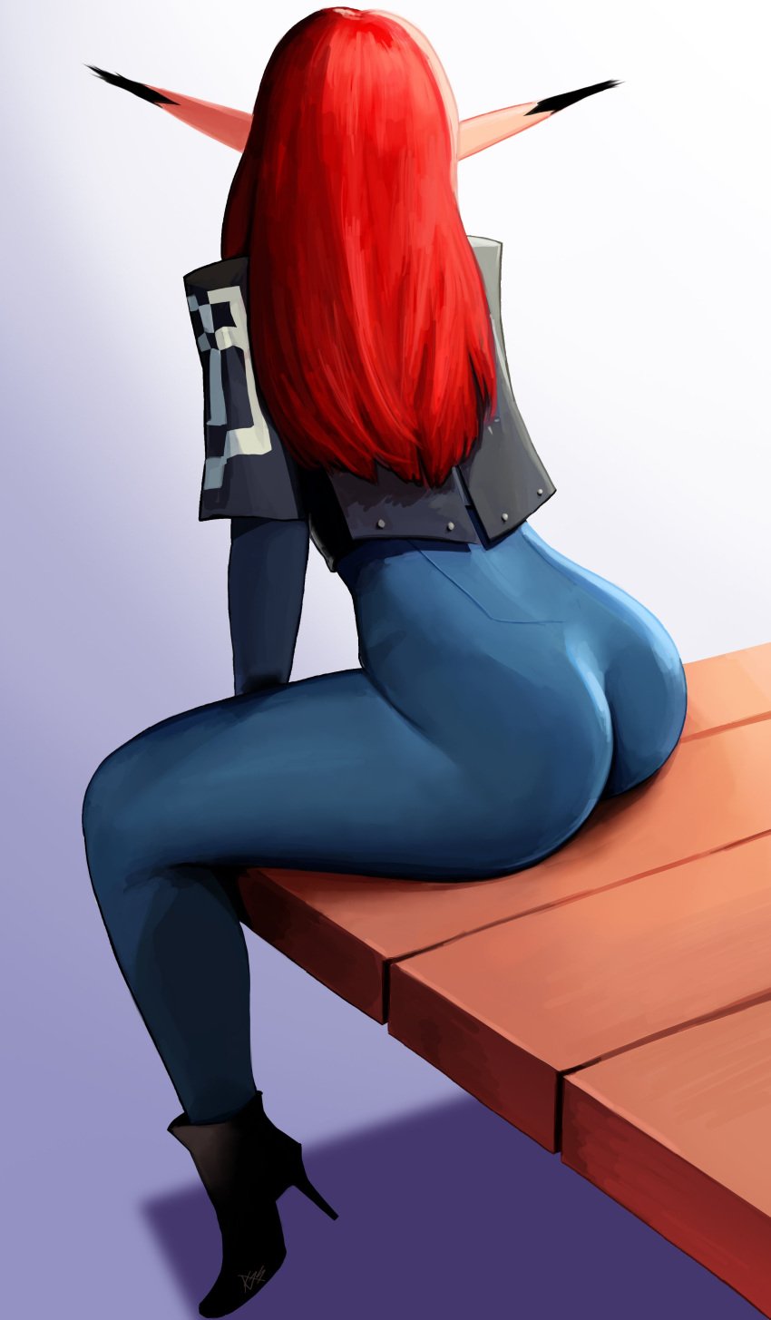 atlus back_view big_ass boots eiselin_hulkenberg elf_ears elf_female hulkenberg jacket kurebitz leaning_forward long_ears long_hair long_legs metaphor:_refantazio red_hair red_hair sitting slim_waist table thick_ass thick_thighs tight_clothing tight_fit wide_hips