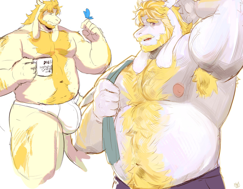 2025 absurd_res anthro areola arm_hair armpit_hair arthropod asgore_dreemurr barazoku beard belly biceps big_bulge big_muscles body_hair boss_monster_(undertale) bottomwear bovid briefs bulge butterfly caprine chest_hair clothed clothing coffee_mug english_text eyebrows facial_hair fur goat hair hand_behind_head happy_trail hi_res horn huge_muscles insects kemono leg_hair lepidopteran looking_at_viewer male mammal musclegut muscular muscular_anthro muscular_male navel nipples obliques pants pecs pubes ruslorc simple_background smile solo standing text text_on_mug thick_arms thick_thighs tighty_whities topless topless_anthro topless_male towel towel_on_shoulder tuft undertale_(series) underwear vein white_background white_briefs white_clothing white_underwear