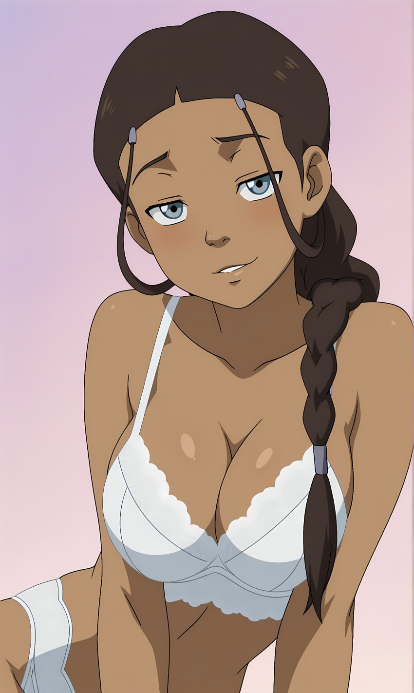 1girls ai_generated avatar_the_last_airbender bonnieaiart bra breasts dark-skinned_female dark_skin katara lingerie solo_female