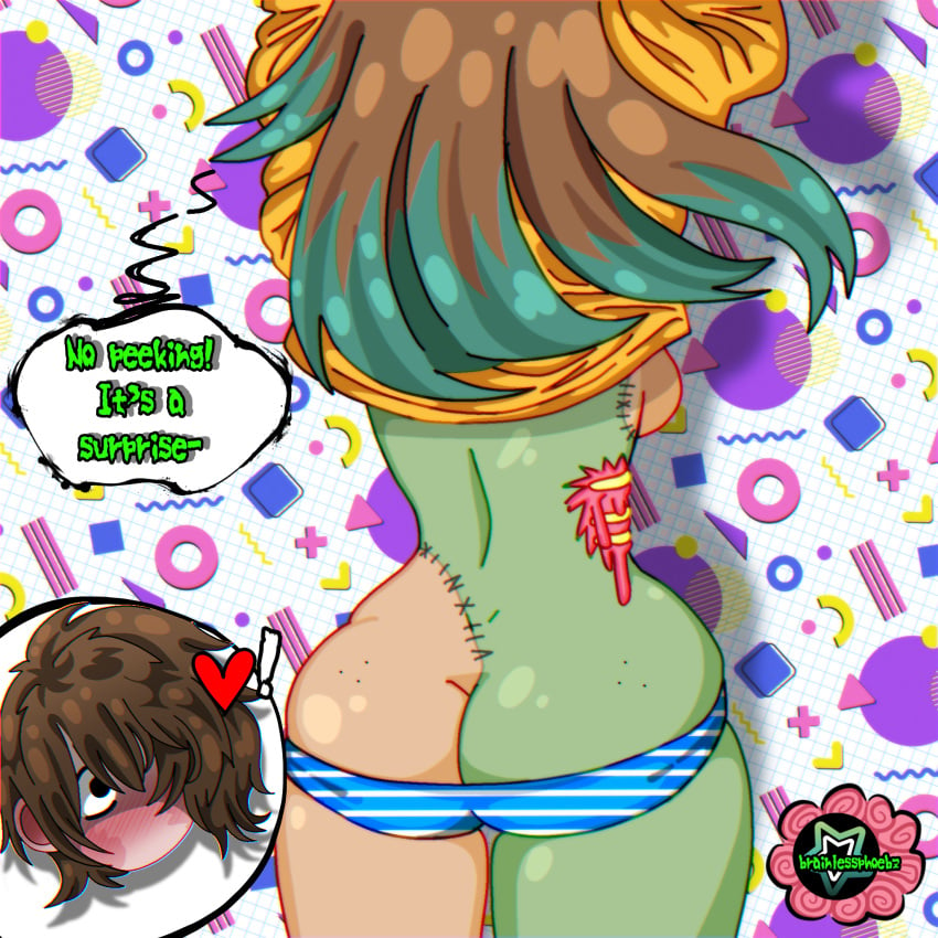 anime anime_style ass ass_focus back_view big_ass brown_hair changing_room girl green_skin hoodie manga_style stitched stitches striped_panties teal_hair zombie zombie_girl zomphile zomphile