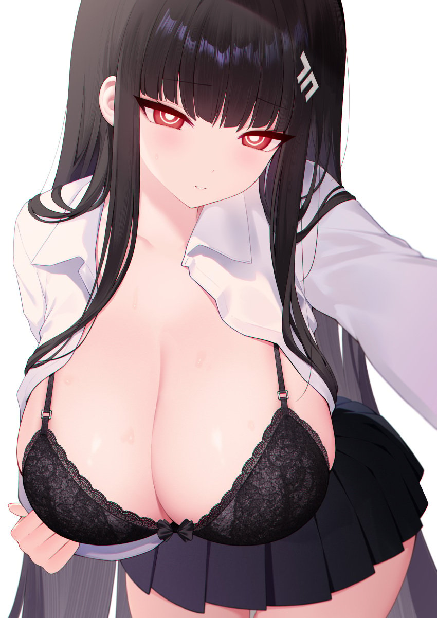 1girls absurdres bangs big_breasts black_bra black_hair black_skirt black_underwear blunt_bangs blush blush blushing_at_viewer breasts bright_pupils cleavage collared_shirt eyebrows_visible_through_hair hair_ornament hairclip hairpin highres huge_breasts large_breasts light-skinned_female light_skin long_hair looking_at_viewer millennium_science_school_logo_(blue_archive) millennium_science_school_student open_clothes pleated_skirt red_eyes ringed_eyes rio_(blue_archive) seminar_(blue_archive) seminar_president shan_far shirt simple_background skirt solo student_council_president unbuttoned unbuttoned_shirt underwear very_long_hair white_background white_pupils white_shirt