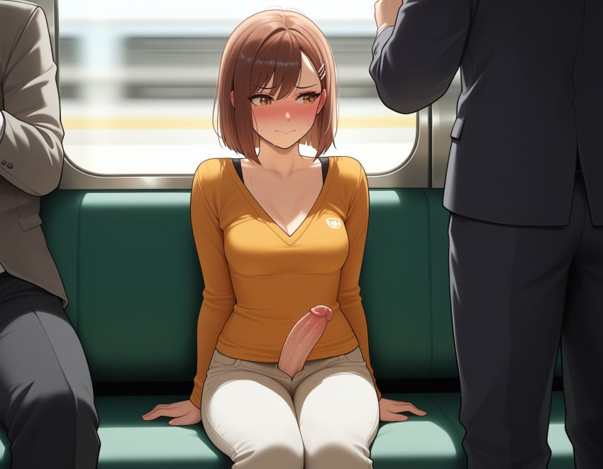 ai_generated embarrassed embarrassed_female exhibitionism exhibitionist exposed_penis futanari train_interior