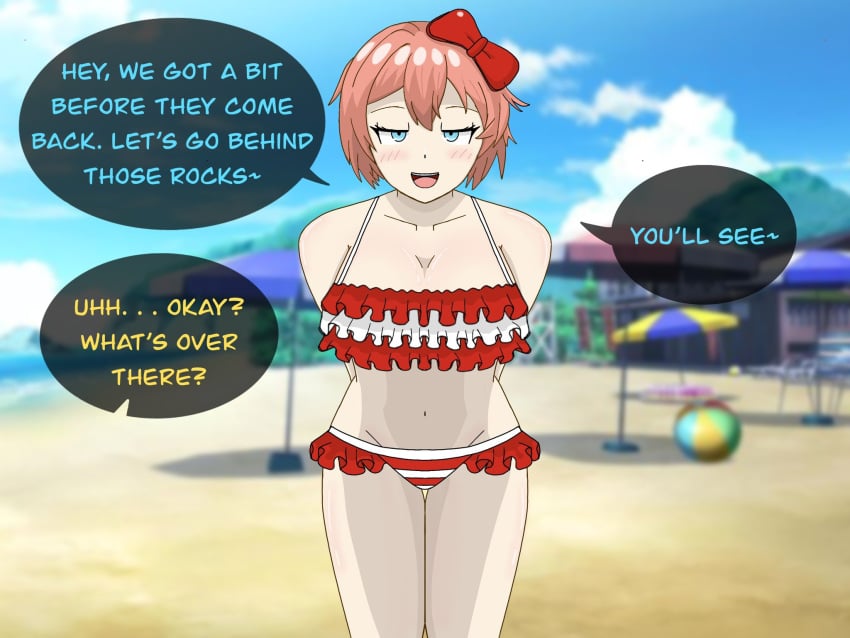 bandoanimation beach blue_eyes blue_text blush bow comic comic_page doki_doki_literature_club english_text hair_bow hairbow red_bow red_hair_bow red_hairbow sayori_(doki_doki_literature_club) strawberry_blonde_hair swimwear text yellow_text