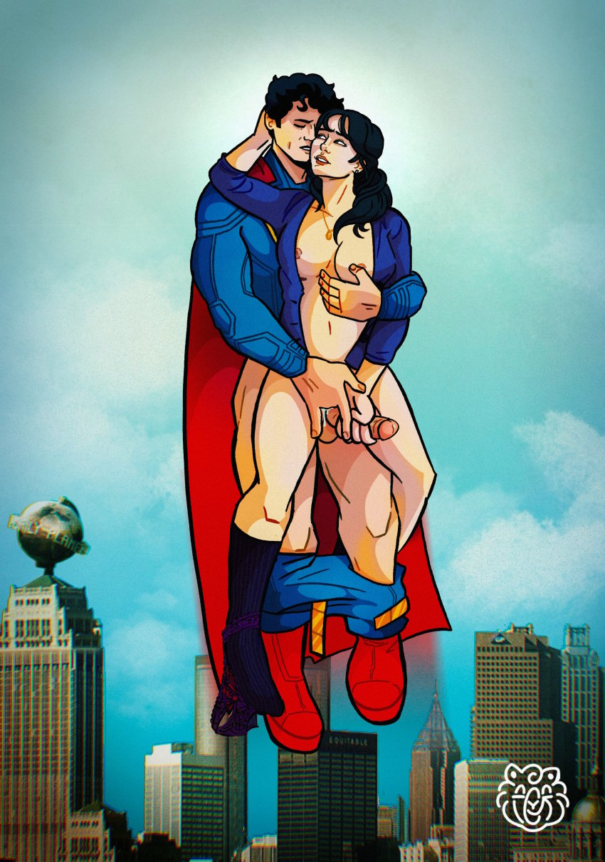 1boy 1girls bottomless canon_couple clark_kent daily_planet david_corenswet dc dc_comics dcu embrace embracing embracing_another fingering flying flying_sex lois_lane looking_at_partner love male_fingering_female nsfw pants_down penis_between_legs penis_between_thighs rachel_brosnahan sky skyline superman superman_(2025) superman_(clark_kent) superman_(series) wholesome wholesome_sex