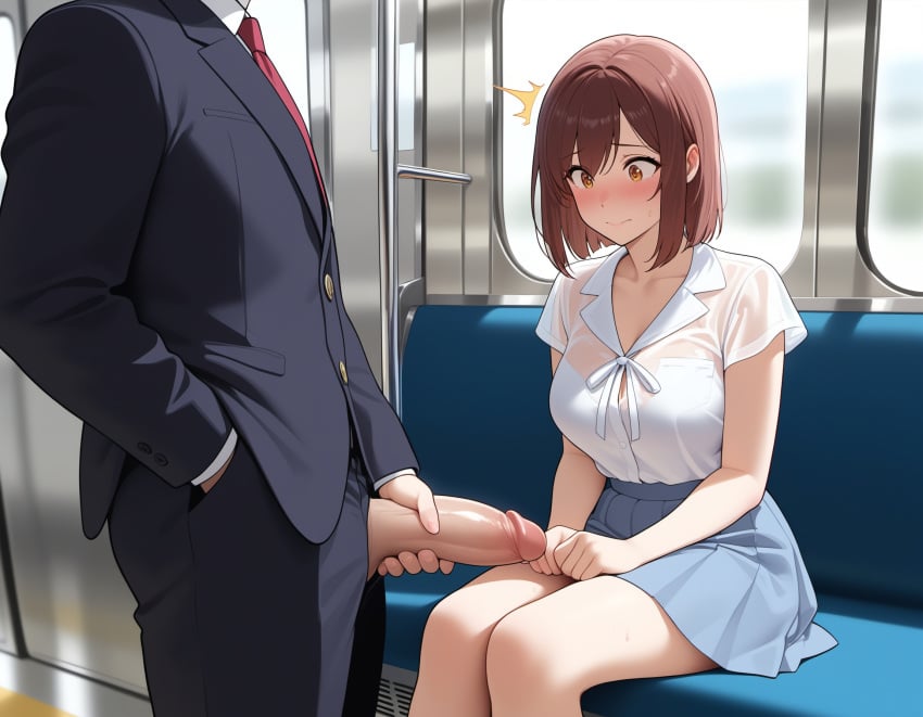 ai_generated chikan embarrassed embarrassed_female exhibitionism exhibitionist exposed_penis flashing_penis looking_at_penis looking_down sexual_harassment train_interior