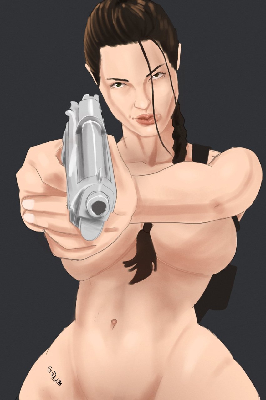 1girls angelina_jolie big_breasts braid braided_hair braided_ponytail breasts brown_hair female gun huge_breasts j3l1 lara_croft lara_croft_(angelina_jolie) meme nude ponytail solo tomb_raider topless