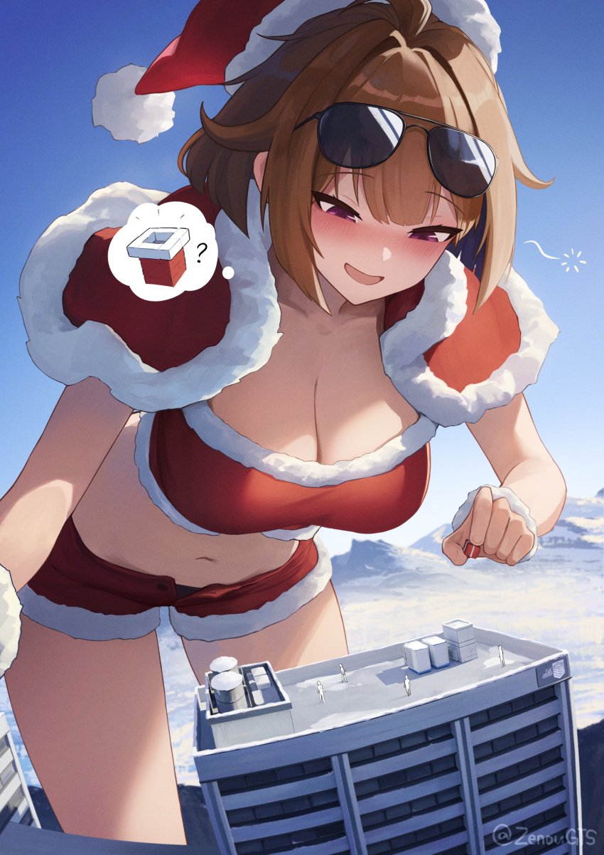 anime_style belly belly_button blue_background blush blush breasts breasts brown_hair building buildings chimney christmas christmas_outfit city cleavage clouds day daytime deviantart fingers giantess girls_frontline hands macrophilia picking_up sky skyscraper sunglasses sunglasses_on_head zenougts