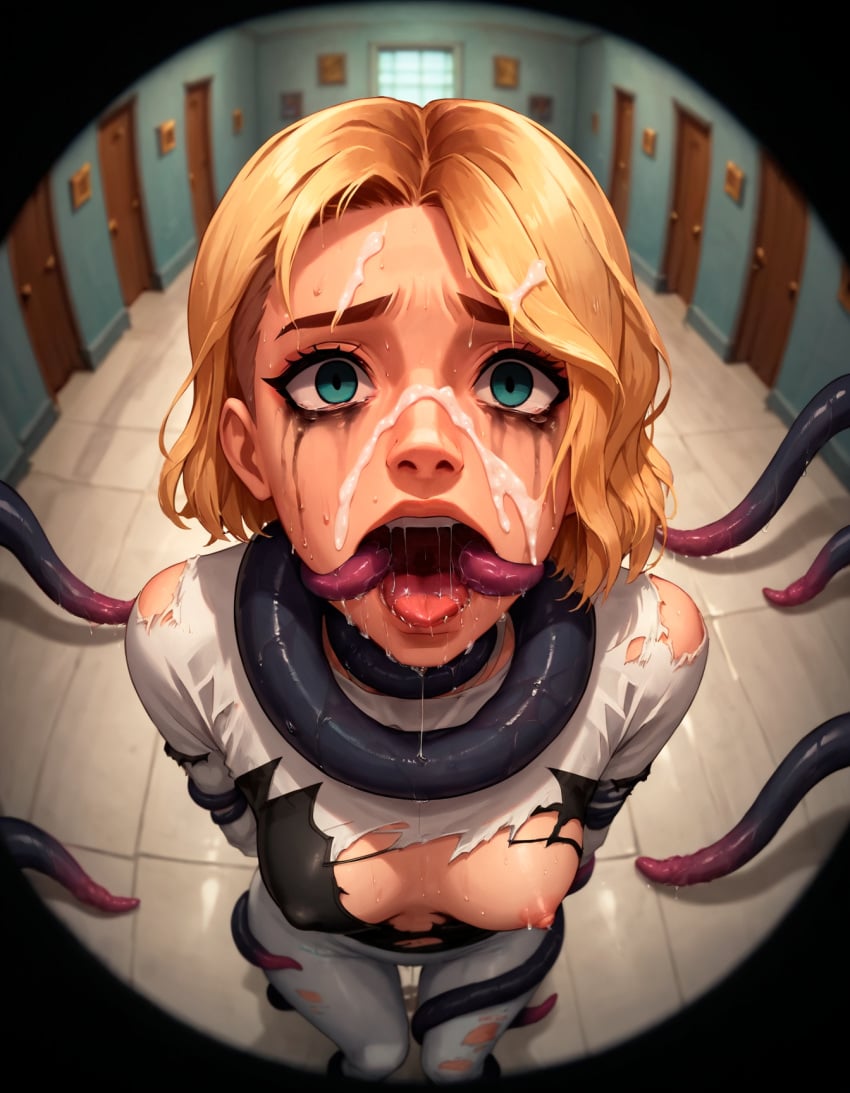 1girls ai_generated asking_for_help blonde_hair bodysuit bound choking crying crying_with_eyes_open cum cum_on_face cum_on_hair defeated defeated_heroine door empty_eyes fisheye forced forced_oral gwen_stacy hallway hands_behind_back helpless heroine imminent_death makeup nipples open_mouth ripped_clothing rtxfus rtxfus34 runny_makeup saliva saliva_string short_hair spider-gwen spider-man_(series) strangling tentacle tentacle_in_mouth tentacle_rape tentacle_sex tits_out tongue tongue_out venom_(marvel)