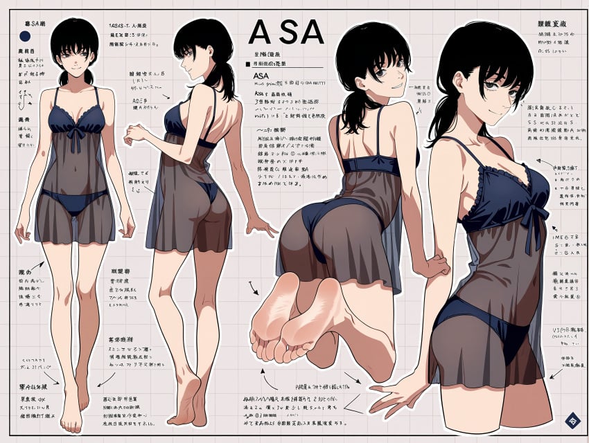 2girls ai_generated ass babydoll back bare_shoulders barefoot black_hair black_panties breasts chainsaw_man character_sheet cleavage collarbone feet feet_focus female freckles full_body lingerie long_hair looking_at_viewer low_ponytail low_twintails mappa medium_breasts mitaka_asa multiple_girls multiple_views navel negligee panties phibsai ponytail see-through short_hair shounen_jump shounen_jump+ shueisha smile soles standing twintails underwear weekly_shonen_jump