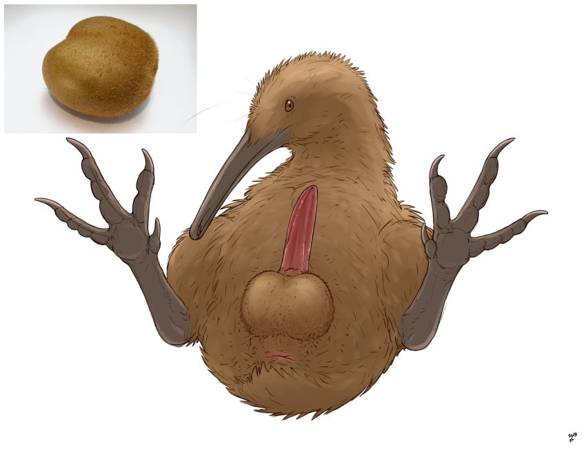 4_toes animal_genitalia anus ass avian balls beak big_balls bird body_hair brown_body brown_eyes claws digital_media_(artwork) erection feet feral food fruit genitals hairy_balls hi_res kiwi_(bird) kiwifruit looking_at_viewer lying male meme nude on_back penis photography_(artwork) pink_anus pink_penis plant ratite red_penis seminal_groove shaded sheath shitpost simple_background small_tail small_wings solo spread_toes tail tapering_penis toe_claws toes tuft wet wet_penis what whiskers white_background wing_tuft wings zoophilia zw3