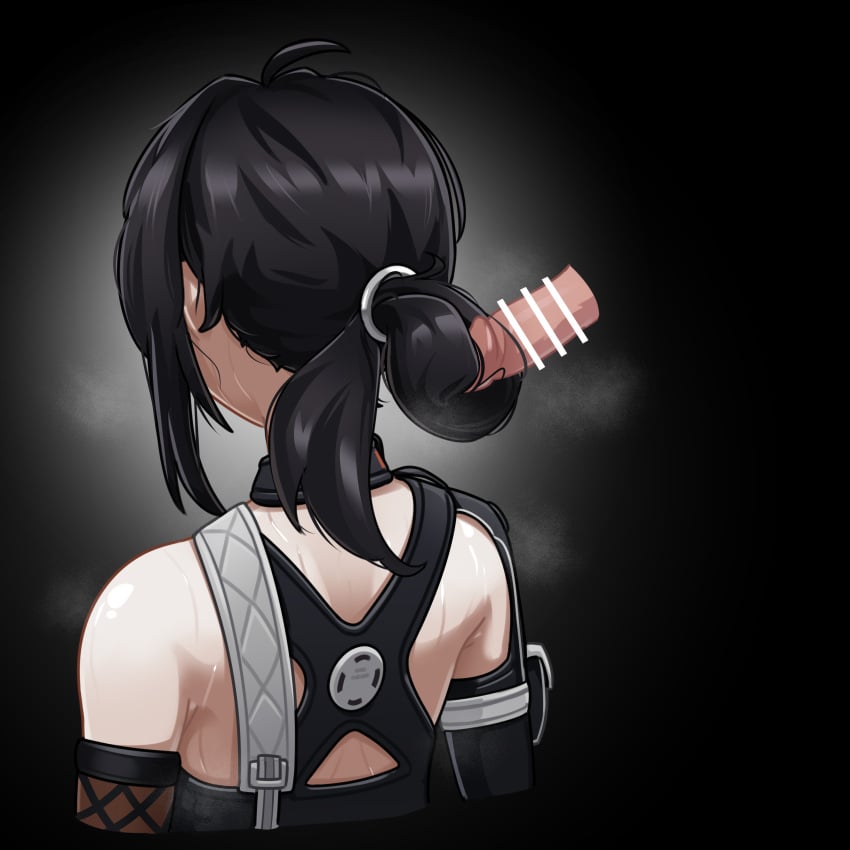 absurdres ahoge back bar_censor bare_shoulders black_background black_hair censored chest_strap commentary criss-cross_back-straps cropped_torso disembodied_penis english_commentary female fiery_(ahhh7475) from_behind grace_howard hair_focus hairjob highres long_hair penis ponytail profile sidelocks simple_background solo steam sweat upper_body variant_set zenless_zone_zero