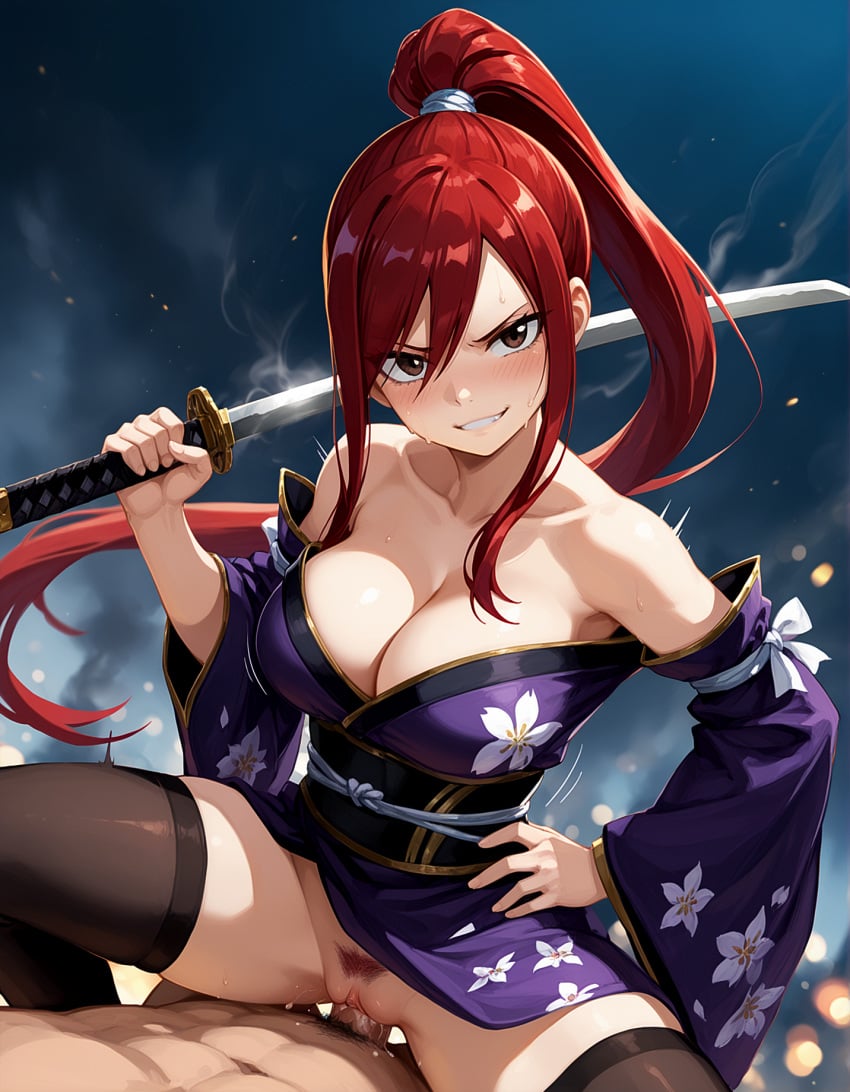 ai_generated battle brown_eyes cleavage detached_sleeves erza_scarlet fairy_tail illustrious_(stable_diffusion) kimono large_breasts looking_at_viewer payop ponytail pov pubic_hair pussy red_hair smirk sword vaginal_sex