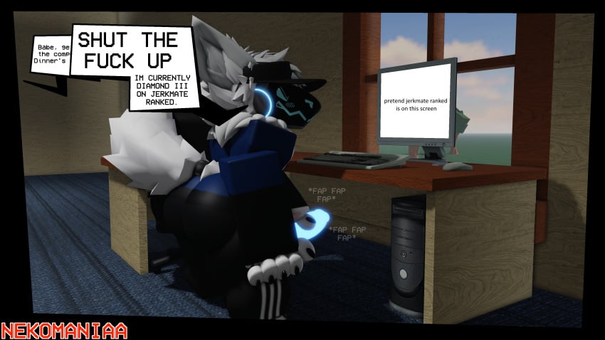 3d angry anthro furry jerking joke_art male masturbating nekomaniaa protogen roblox robloxian self_upload solo_male standing watching_porn white_fur