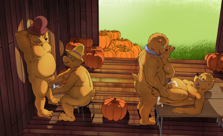 anal anal_sex anthro ass autumn bear bedroom_eyes belly bodily_fluids bound breath bucket clothing container cum cum_on_belly cum_on_body eyewear farmer_ben_(berenstain_bears) feet food foot_fetish foot_lick foot_play fruit furniture genital_fluids glasses gramps_grizzly_(berenstain_bears) grass grizzly_gus_(berenstain_bears) group hands_behind_head hands_tied hat headgear headwear hi_res laying_on_table leaking_cum legs_in_air licking male male/male mammal moobs mostly_nude narrowed_eyes nipples panting papa_bear penetration penile penis_milking plant pumpkin raised_foot scarf seductive seyrmo shaded shed sitting standing stool sweat tail tongue wall_(structure) wood wood_wall