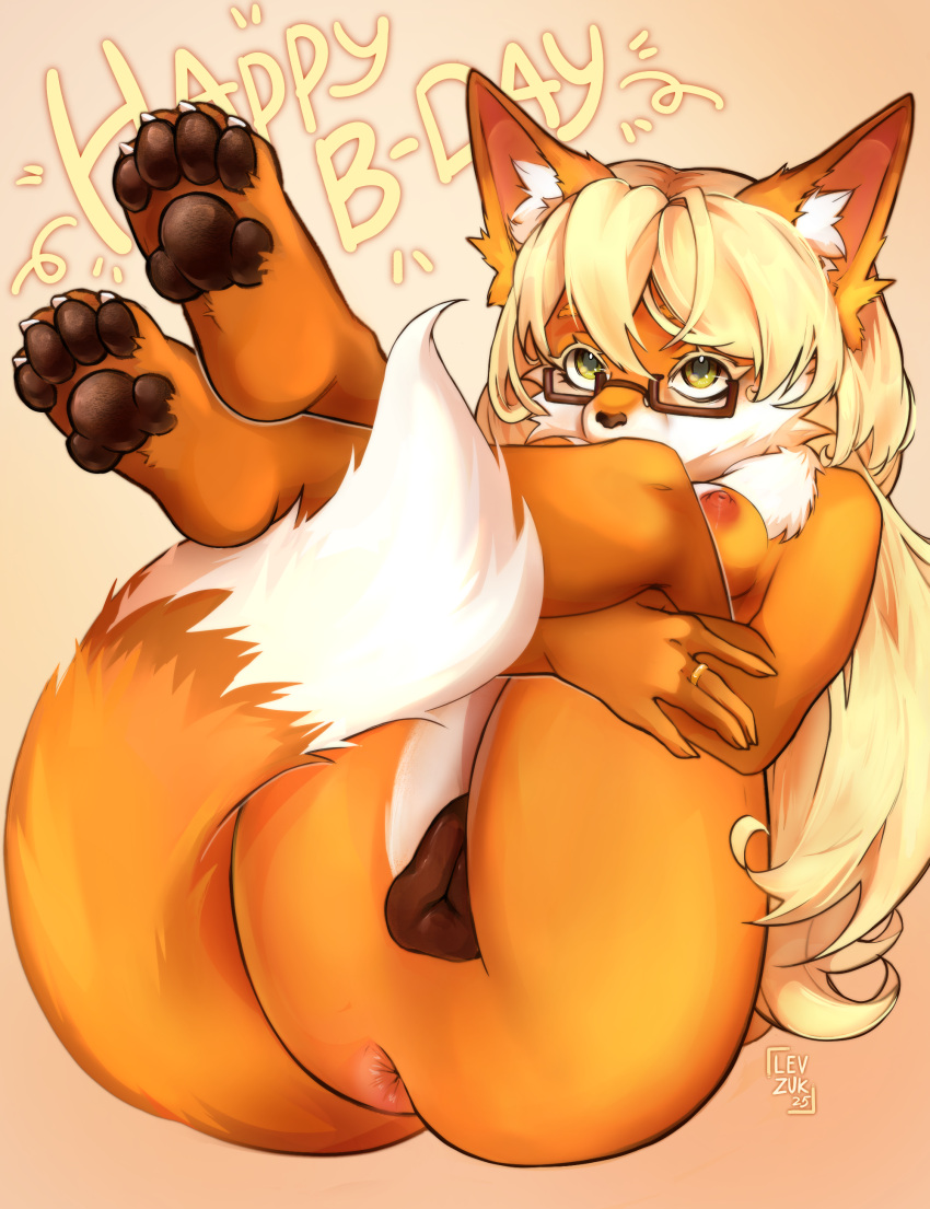 absurd_res animal_genitalia anthro anus blonde_hair breasts canid canine canine_genitalia eyewear fox fur genitals glasses green_eyes hair hi_res levzuk mammal nipples nude paws pussy red_body red_fox red_fur stella_(stellaamoris) tail true_fox white_body white_fur