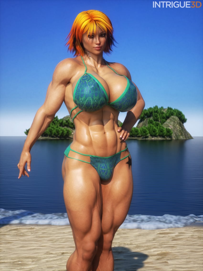 1futa 3d abs alternate_version_at_source beach big_breasts bikini breasts bulge bulge_through_clothing futanari intrigue3d muscular muscular_futanari orange_hair solo swimsuit