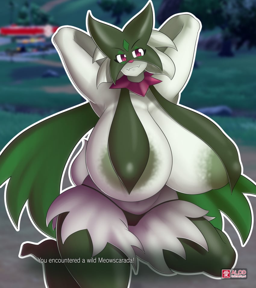 2023 absurd_res ai_od anthro areola big_breasts breasts english_text eyebrows female fur generation_9_pokemon green_areola green_body green_fur hands_behind_head hi_res huge_breasts looking_at_viewer meowscarada nintendo pokemon pokemon_(species) purple_eyes solo text