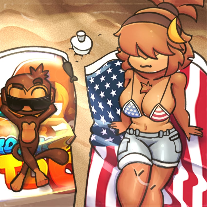 american_flag american_flag_bikini beach bloons_tower_defense dart_monkey female marble_gods monkey monkey_girl oc primate sand suggestive towel