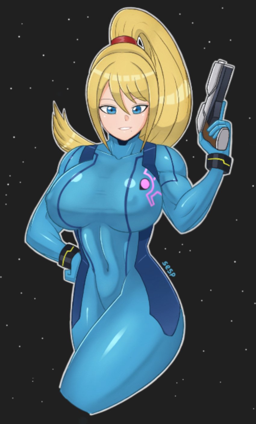 big_ass big_breasts big_breasts big_butt blonde_hair female female female_only gun metroid muscles ponytail samus_aran sesp zero_suit_samus