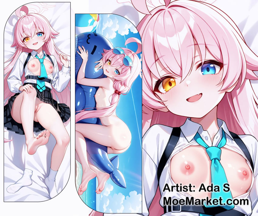 1girls blue_archive blue_tie dakimakura heterochromia hoshino_(blue_archive) moemarket pink_hair pussy small_breasts swimsuit white_shirt young