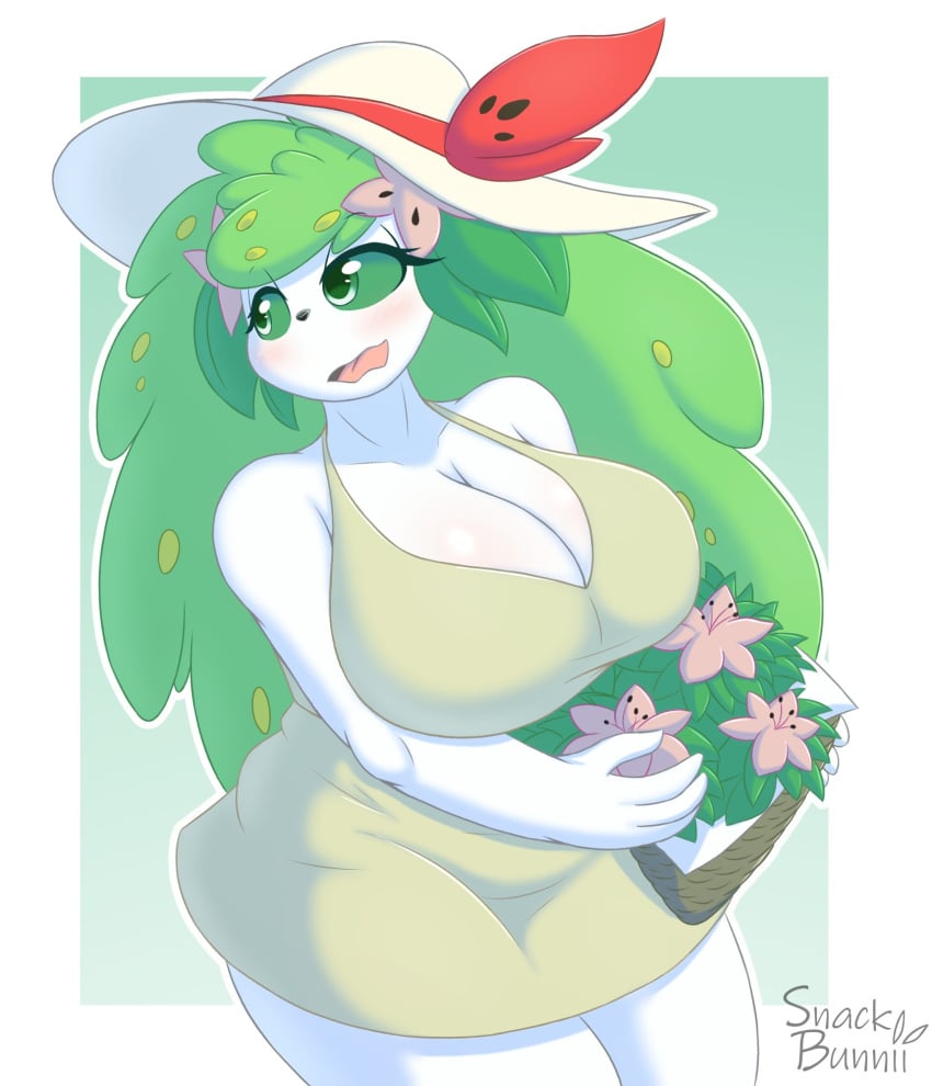 1female 1girl 1girls anthro artist_name artist_signature big_breasts breasts chubby cleavage female furry huge_breasts pokemon pokemon_(species) shaymin snackbunnii tagme thick_thighs wide_hips