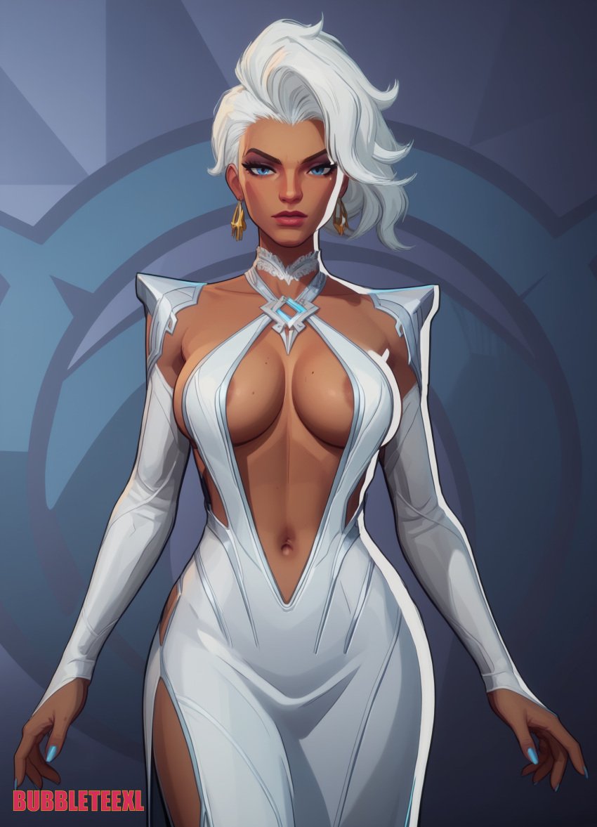 ai_assisted ai_generated areola_slip armwear bubbleteexl busty clevage dark-skinned_female dress earrings game looking_at_viewer marvel_rivals midriff navel storm storm_(x-men) white_hair