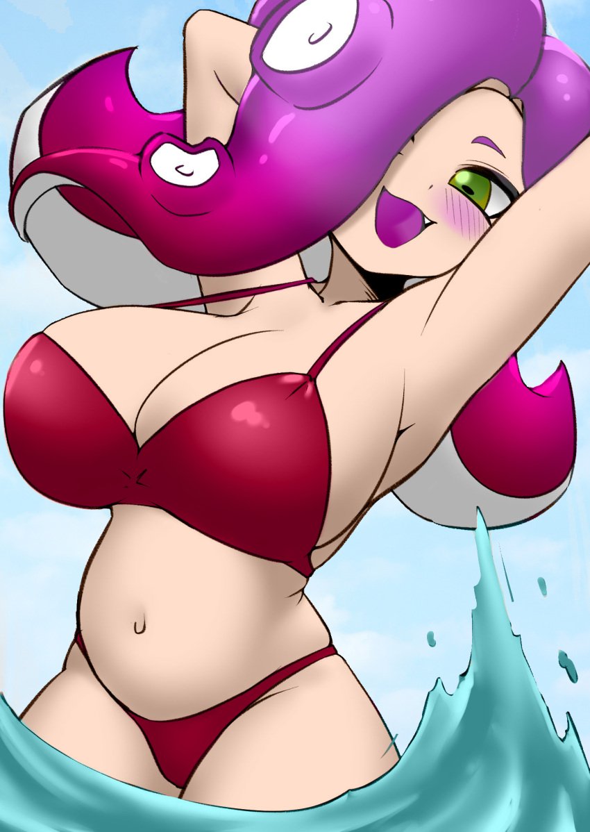 3rd_party_edit :3 big_breasts bikini blush color color_edit colored digital_drawing_(artwork) edit edited edited_image hand_behind_head looking_at_viewer nintendo nobunagapero octarian octoling octoling_girl open_smile peronattu posing purple_hair red_bikini red_hair slightly_chubby splashing splatoon splatoon_(series) splatoon_2 two_tone_hair