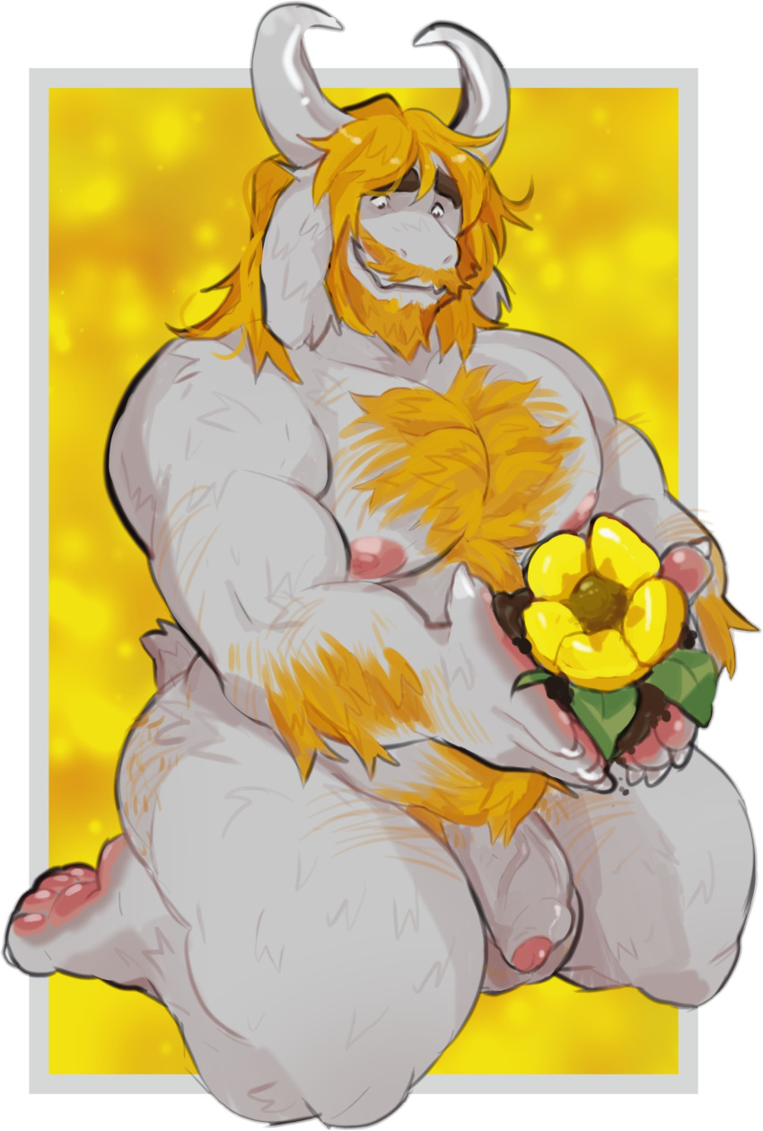 1male 2025 absurd_res anthro areola arm_hair asgore_dreemurr balls beard belly biceps big_balls big_muscles big_penis body_hair border boss_monster_(undertale) bovid caprine chest_hair claws eyebrows facial_hair flaccid flower foreskin fur genitals glans goat grey_border hair hi_res holding_flower holding_object horn humanoid_genitalia humanoid_penis kneeling likanen male mammal musclegut muscular muscular_anthro muscular_male nipples nude pecs penis plant pubes simple_background smile solo thick_arms thick_thighs tuft undertale_(series) unretracted_foreskin vein white_border yellow_background