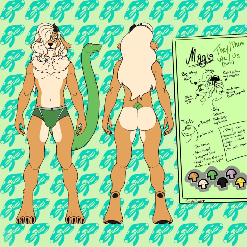 1:1 chimera clothing english_text fungimagi furry hair hi_res horn living_tail long_hair reference_image tail text underwear unusual_anatomy unusual_tail