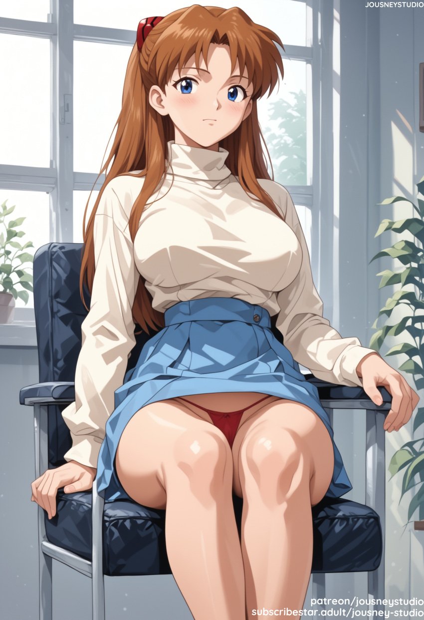 ai_generated arm_support artist_name asuka_langley asuka_langley_sohryu bangs black_clothes blue_eyes blue_skirt blush breasts brown_hair chair closed_mouth clothes_lift clothes_pull clothing curtains day desk english_text feet_out_of_frame female female female_only hair_ornament headgear indoors interface_headset jousneystudio large_breasts legs long_hair long_sleeves looking_at_viewer medium_breasts miniskirt neon_genesis_evangelion pantsu parted_bangs patreon_username plant pleated_skirt potted_plant red_panties shiny shirt sitting skirt skirt_lift skirt_pull smile solo sweater thighs tied_hair turtleneck turtleneck_sweater two_side_up underwear very_long_hair web_address white_shirt white_sweater window