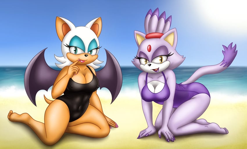 2girls anthro bat beach black_clothing black_swimwear blaze_the_cat breasts chipthehedgehog clothing domestic_cat duo felid feline felis female fur mammal nipple_outline purple_body purple_clothing purple_fur purple_swimwear rouge_the_bat sea seaside sega sonic_(series) sonic_the_hedgehog_(series) swimwear water