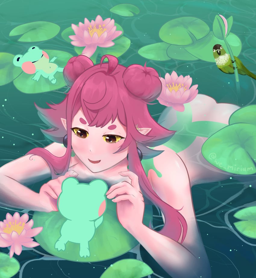 1girls ass big_breasts frog frog_girl froggyloch indie_virtual_youtuber nude_female outdoor_bathing pink_eyes pink_hair twitch virtual_youtuber