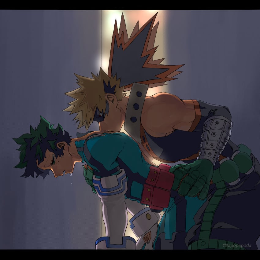 2020 2boys all_fours blonde_hair clothed_sex doggy_style dry_humping duo from_behind from_behind_position fully_clothed gay green_hair half-closed_eyes hero_outfit_(mha) human human_on_human humping izuku_midoriya izuku_midoriya_(hero_outfit) katsuki_bakugou male male/male male_only my_hero_academia narrowed_eyes sex sweat tapopapoda yaoi