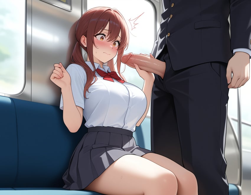 ai_generated big_breasts big_penis chikan embarrassed embarrassed_female exhibitionism exhibitionist exposed_penis handjob school_uniform schoolgirl sexual_harassment train_interior