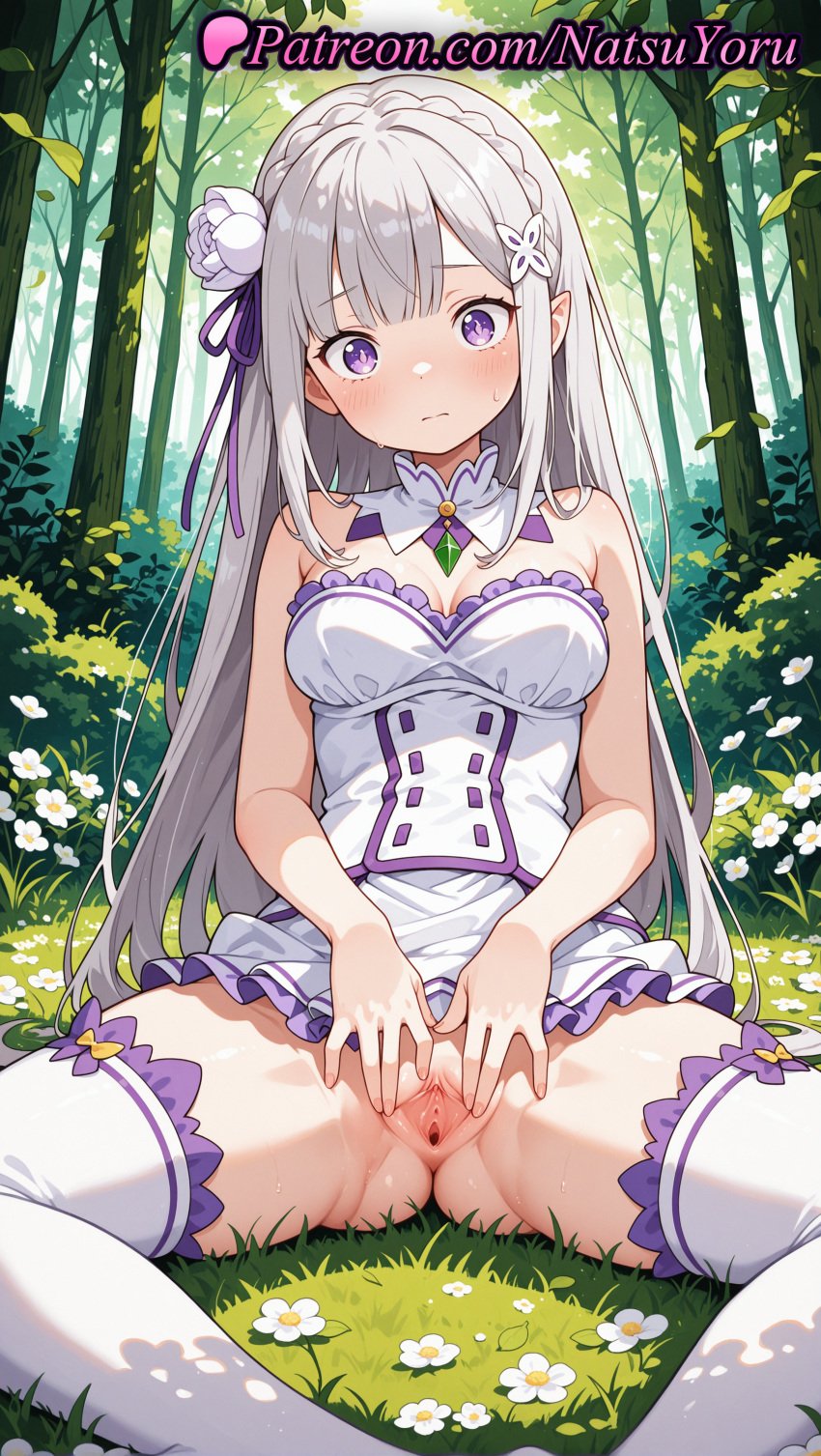 1girls 2025 ai ai_assisted ai_generated anime anime_style anus asian asshole bangs bare_arms bare_shoulders blunt_bangs blush braid breasts bush bust busty cleavage clitoris closed_mouth clothes_lift crown_braid day detached_collar dress dress_lift elf elf_ears emilia_(re:zero) female female_focus female_only flower forest french_braid frilled_dress frills gem grass grey_hair hair_flower hair_ornament hair_ribbon hentai hi_res high_quality high_resolution highres long_hair looking_at_viewer medium_breasts natsuyoru nature no_panties on_grass outdoors patreon pointed_ears pointy_ears purple_eyes purple_hair purple_ribbon pussy pussy_juice pussy_lips pussy_peek re:zero_kara_hajimeru_isekai_seikatsu ribbon rose silver_hair sitting skirt solo solo_female spread_legs spread_pussy stable_diffusion sweat sweatdrop thigh_boots thighhighs thighs tree uncensored vagina very_long_hair voluptuous voluptuous_female vulva white_dress white_flower white_hair white_legwear white_rose white_thighhighs x_hair_ornament