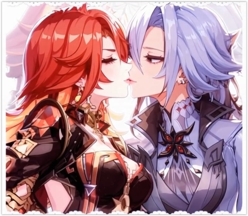 2girls 2milfs ai_generated arlecchino_(genshin_impact) genshin_impact kissing lesbian_couple lesbian_kiss lovers mavuika_(genshin_impact) yuri yuri