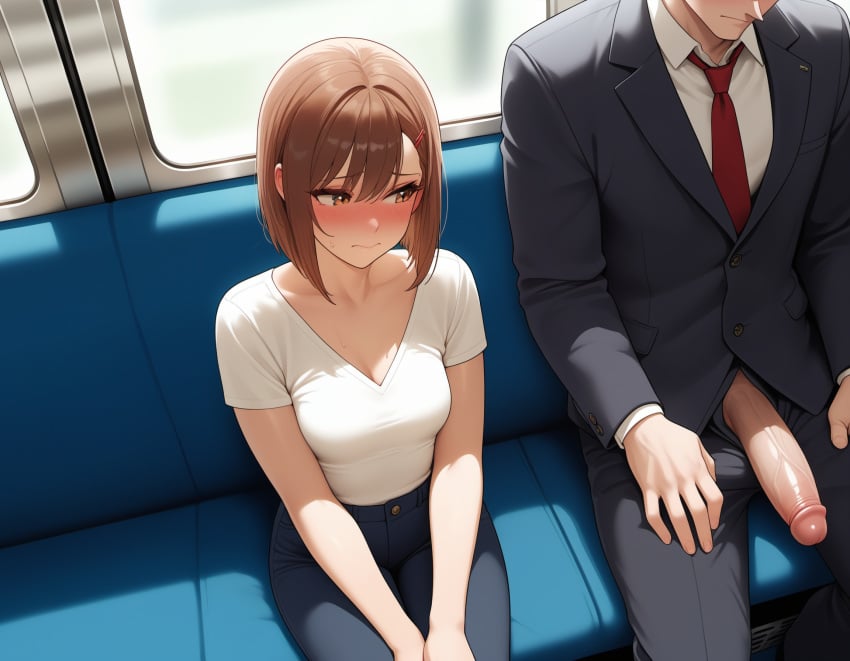 ai_generated big_penis chikan embarrassed embarrassed_female exhibitionism exhibitionist exposed_penis looking_at_penis sexual_harassment train_interior