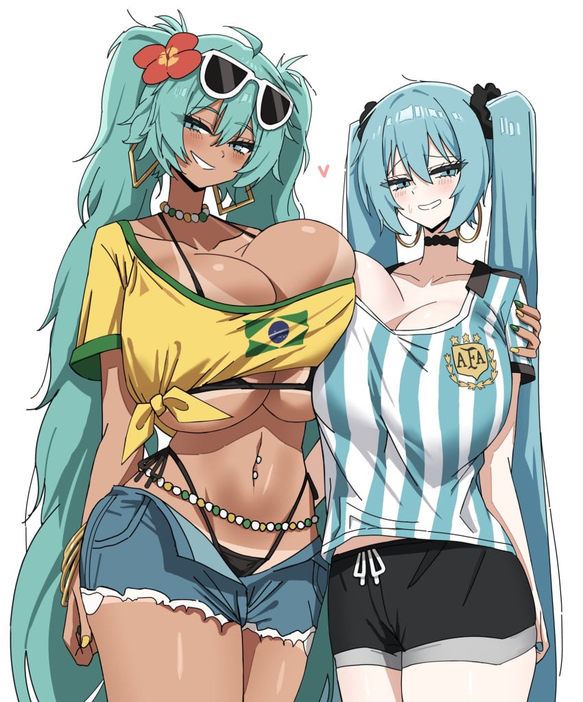 2girls argentina argentinian_miku brazil brazilian_flag brazilian_miku dotthebot football_uniform hatsune_miku heart_symbol huge_breasts lingerie_under_clothes looking_at_viewer pierced_belly_button smiling sunglasses sunglasses_on_head tagme vocaloid vocaloid_2