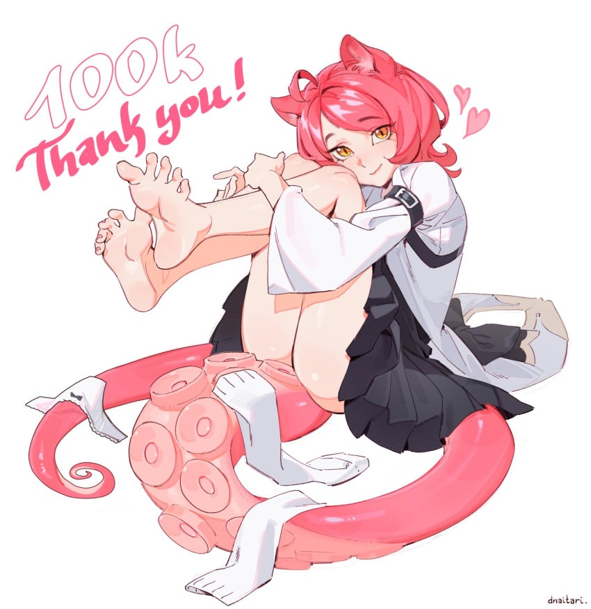 1girls animal_ears ass barefoot cat_ears dnaitari feet female female_only flexible_toes holding_legs no_panties oc octopus_tentacle original_character panties_aside pink_hair short_hair skirt socks_removed spread_toes suit tentacle tentacle_tail thank_you thighs toes